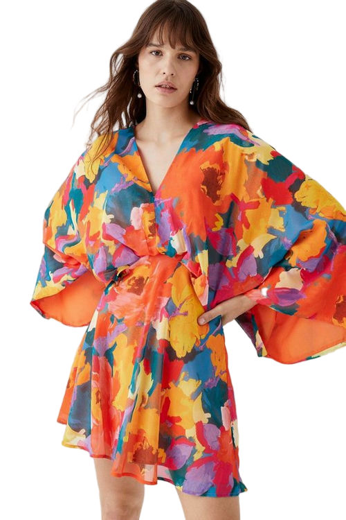 Jacques Vert Multi Printed V Neck Kimono Mini Dress BCC05492