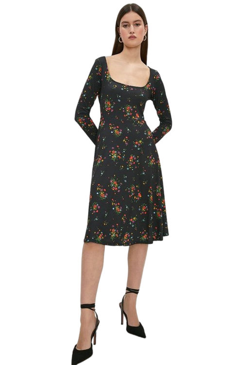 Jacques Vert Multi Voop Neck Fit And Flare Printed Jersey Dress ACC02946