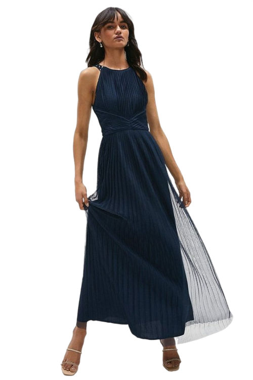 Jacques Vert Navy All Over Pleated Bridesmaid Maxi Dress ACC95325