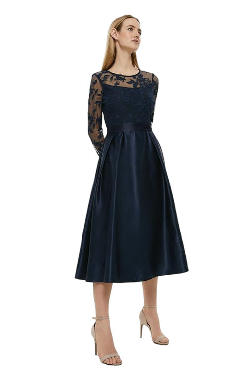 Jacques Vert Navy Embroidered Bodice Satin Skirt Dress ACC03407
