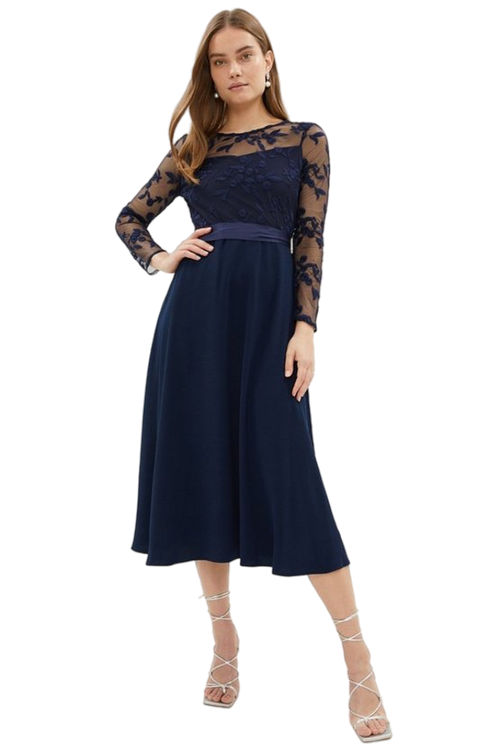 Jacques Vert Navy Embroidered Long Sleeve Crepe Circle Skirt Dress BCC02139