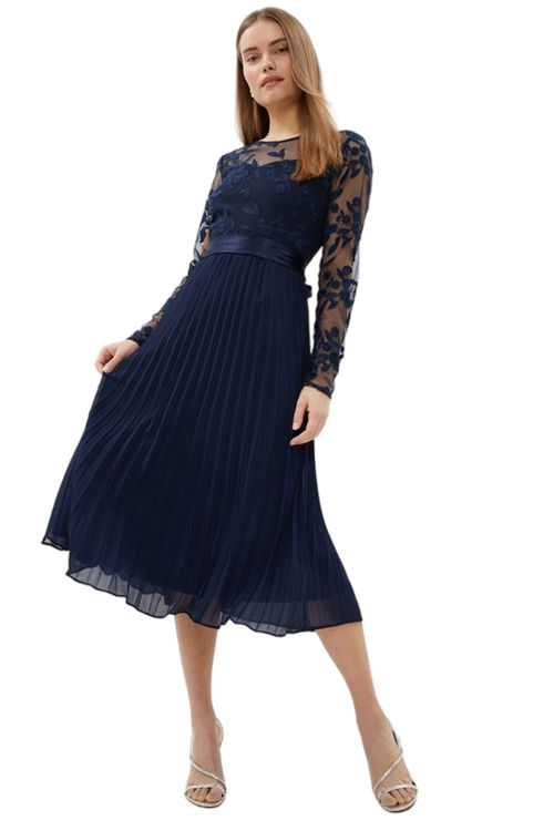Jacques Vert Navy Embroidered Long Sleeve Midi Dress ACC03409