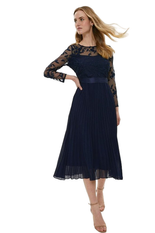 Jacques Vert Navy Embroidered Long Sleeve Midi Dress ACC99178