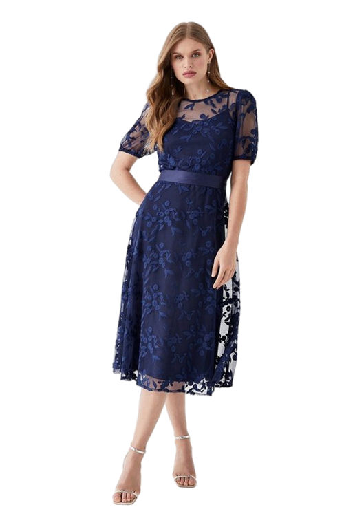 Jacques Vert Navy Embroidered Mesh Puff Sleeve Midi Dress BCC05415