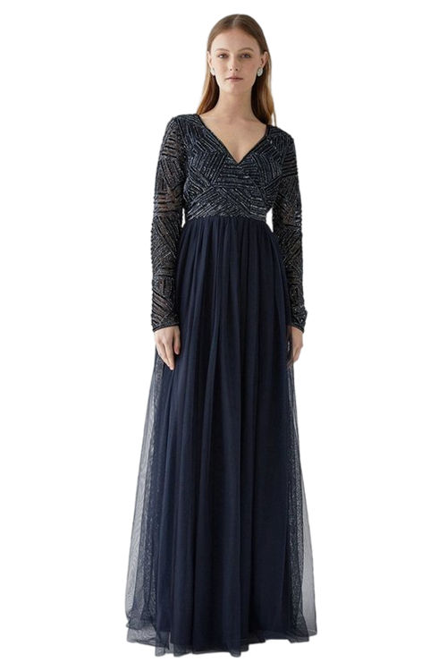 Jacques Vert Navy Long Sleeve Wrap Embellished Top Tulle Bridesmaids Dress BCC04834