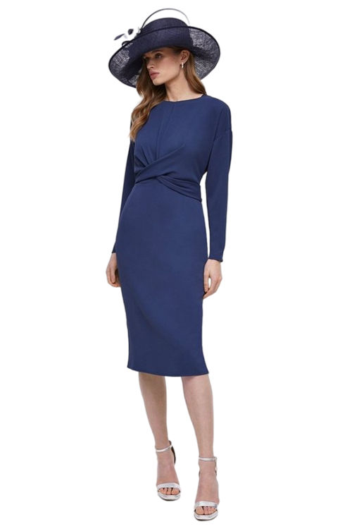 Jacques Vert Navy Midi Pencil Dress With Twist Front & Long Sleeve BCC04728