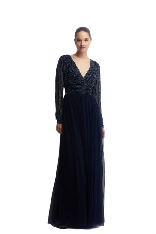 Jacques Vert Navy Mixed Bead Long Sleeve Two In One Bridesmaids Dress BCC04400