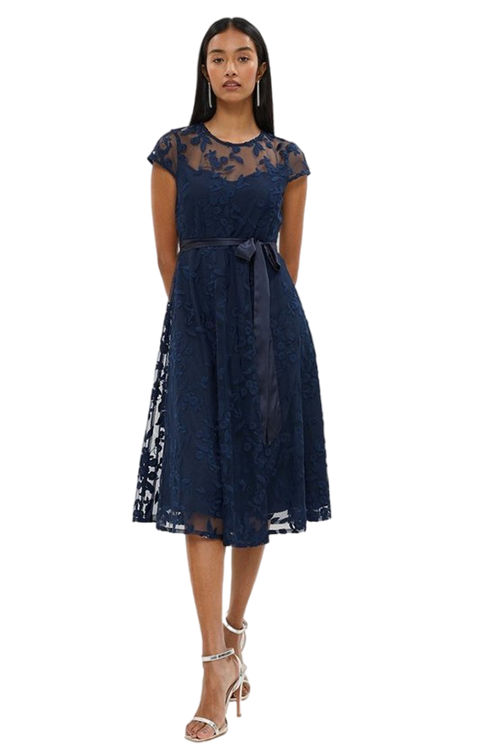 Jacques Vert Navy Petite All Over Embroidered Midi Dress BCC03558
