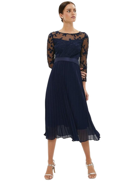 Jacques Vert Navy Petite Embroidered Long Sleeve Midi Dress BCC02564