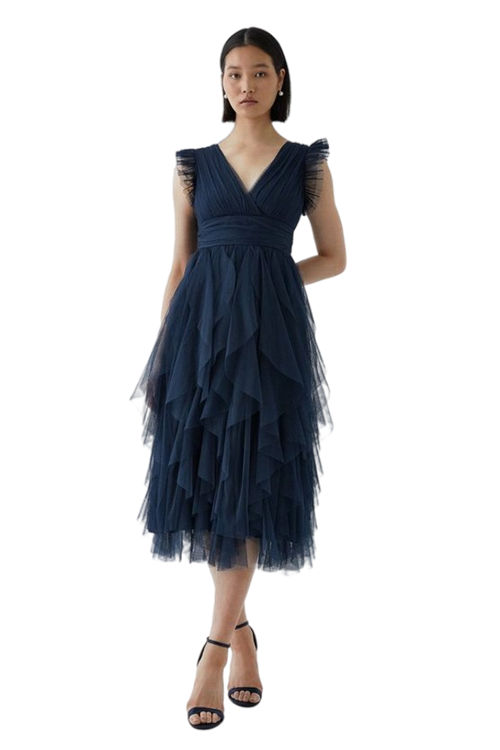 Jacques Vert Navy Petite Ruffled Skirt Mesh Bridesmaids Midi Dress BCC05501
