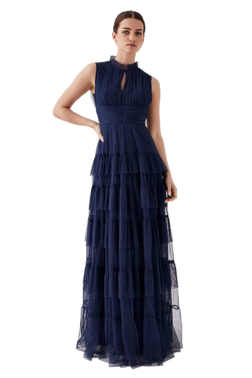 Jacques Vert Navy Petite Tulle Tiered Frill Sleeve Bridesmaids Maxi Dress BCC04868