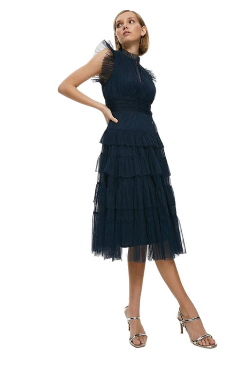 Jacques Vert Navy Petite Tulle Tiered Frill Sleeve Dress BCC00280