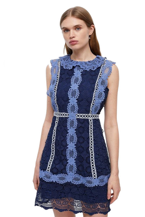 Jacques Vert Navy Placement Lace Mini Dress With Collar BCC03504