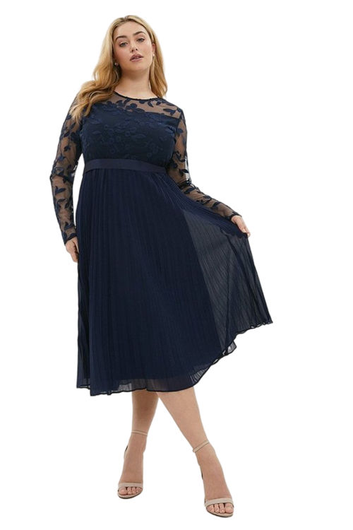Jacques Vert Navy Plus Size Embroidered Long Sleeve Midi Dress ACC03408