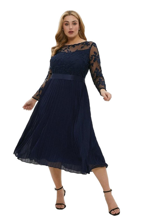 Jacques Vert Navy Plus Size Embroidered Long Sleeve Midi Dress ACC96039