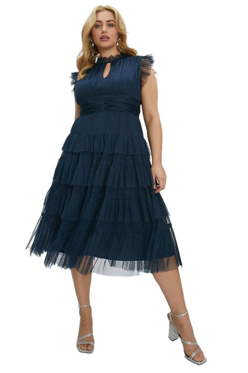 Jacques Vert Navy Plus Size Tulle Tiered Frill Sleeve Dress ACC95278