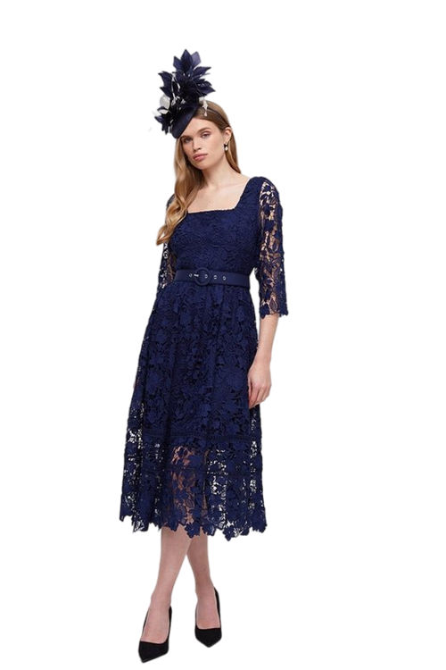 Jacques Vert Navy Square Neck Lace Dress With 3/4 Sleeve BCC03264