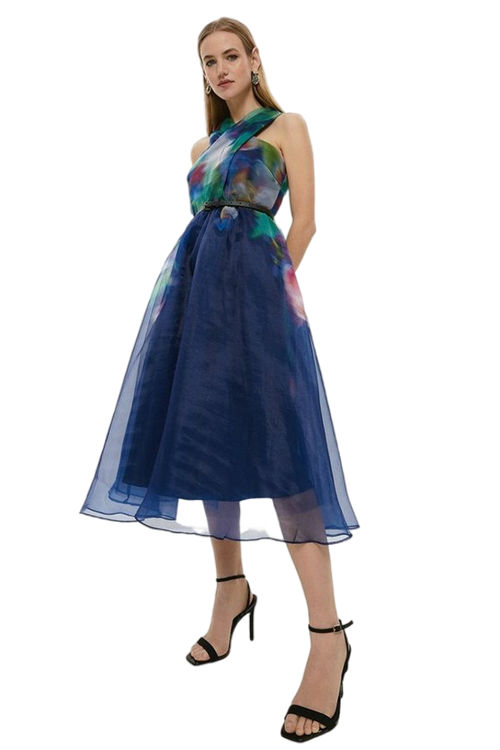 Jacques Vert Navy Wrap Front Full Skirt Organza Dress ACC03389