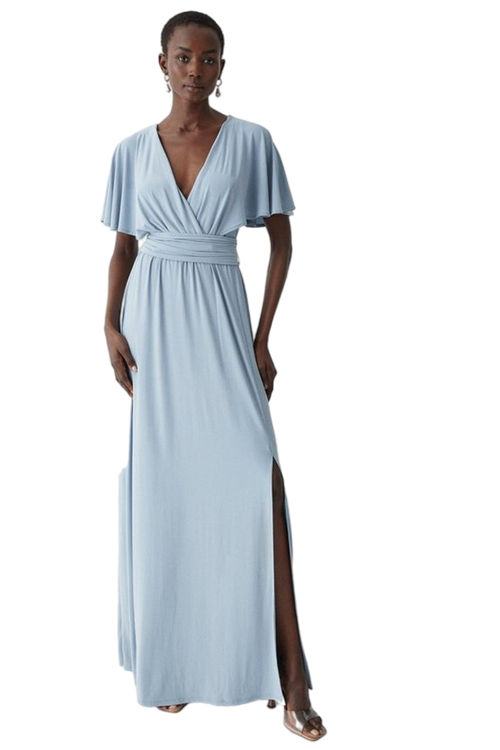 Jacques Vert Pale Blue Cape Detail Slinky Jersey Bridesmaids Maxi Dress BCC05408