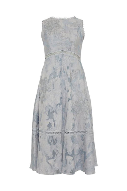 Jacques Vert Pale Blue Petite Premium Jacquard Midi Dress With Floral Applique BCC04794