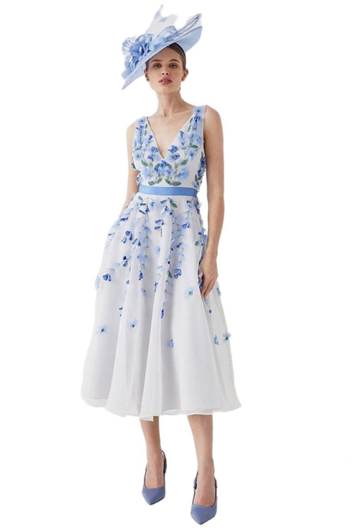 Jacques Vert Pale Blue Plunge Organza 3d Floral Full Skirt Midi Dress BCC04570