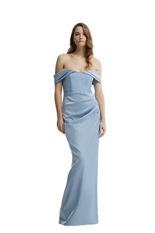 Jacques Vert Pale Blue Structured Satin Bardot Wrap Bridesmaids Maxi Dress BCC04463