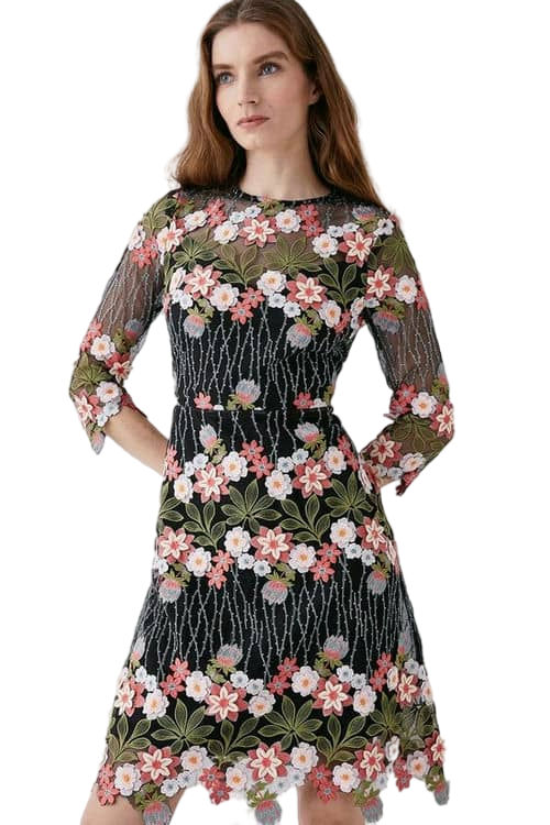 Jacques Vert Pink 3d Fleur Embroidered Long Sleeve Dress ACC03016