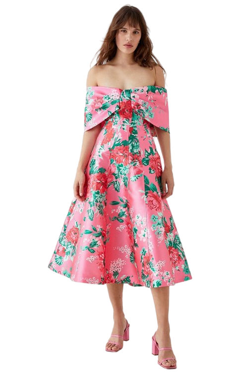 Jacques Vert Pink Bardot Twill Midi Dress With Pleat Sleeves BCC04898