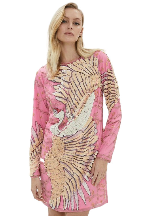 Jacques Vert Pink Dress With Bird Embellishment BCC03095