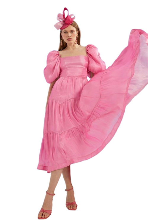 Jacques Vert Pink Lisa Tan Glossy Organza Tiered Midi Dress BCC05592