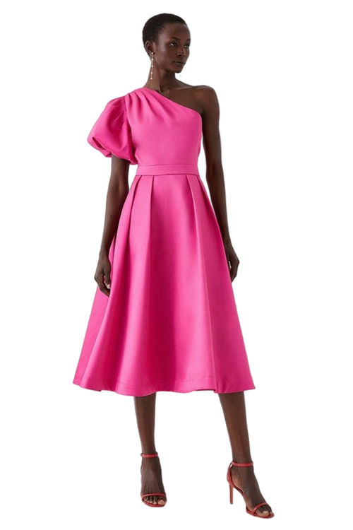 Jacques Vert Pink One Shoulder Puff Sleeve Twill Midi Dress BCC05828
