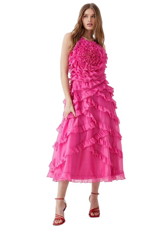 Jacques Vert Pink Rose Ruffle Midi Dress BCC04853