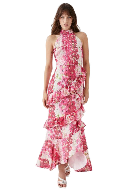 Jacques Vert Pink Ruffle Skirt High Neck Midi Dress BCC05754