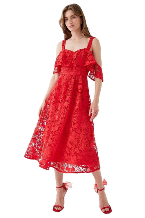 Jacques Vert Red Bardot Frill Top Lace Midi Dress BCC05730