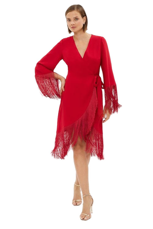 Jacques Vert Red Fringe Wrap Mini Dress BCC03336