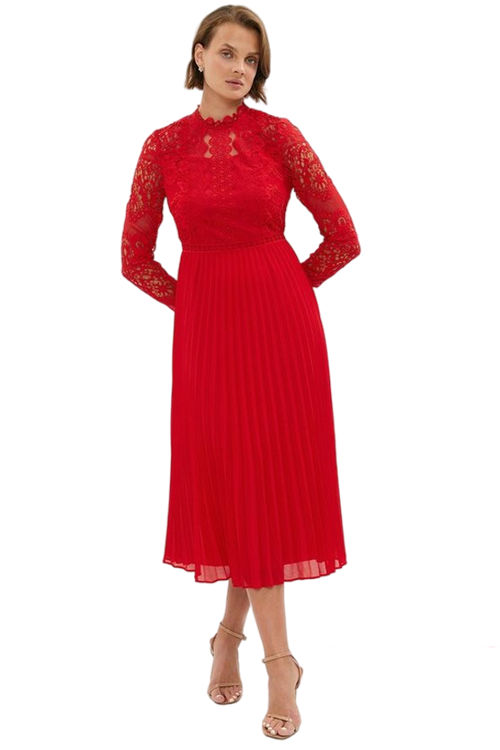 Jacques Vert Red Long Sleeve Lace High Neck Pleated Midi Dress BCC03304