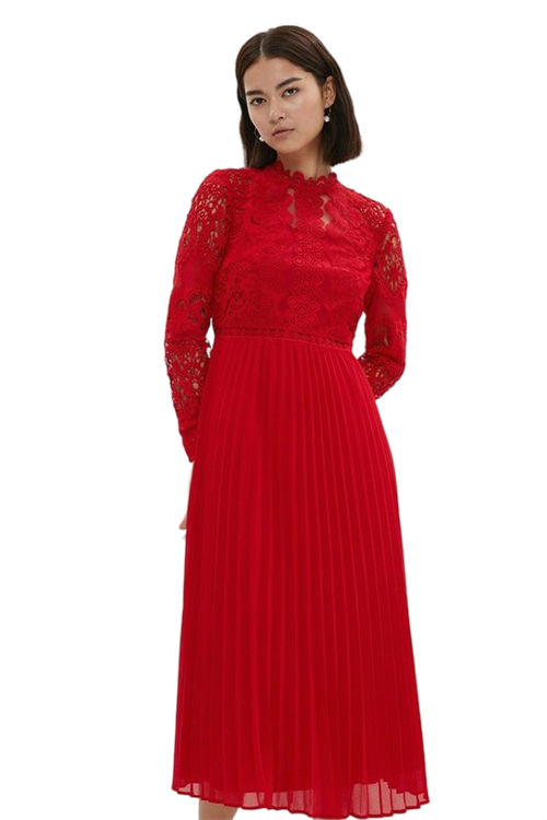 Jacques Vert Red Petite Sleeved Lace High Neck Pleated Dress BCC03303