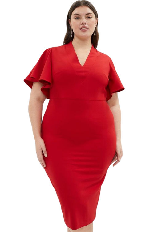 Jacques Vert Red Plus Size V Neck Flare Sleeve Dress BCC03813