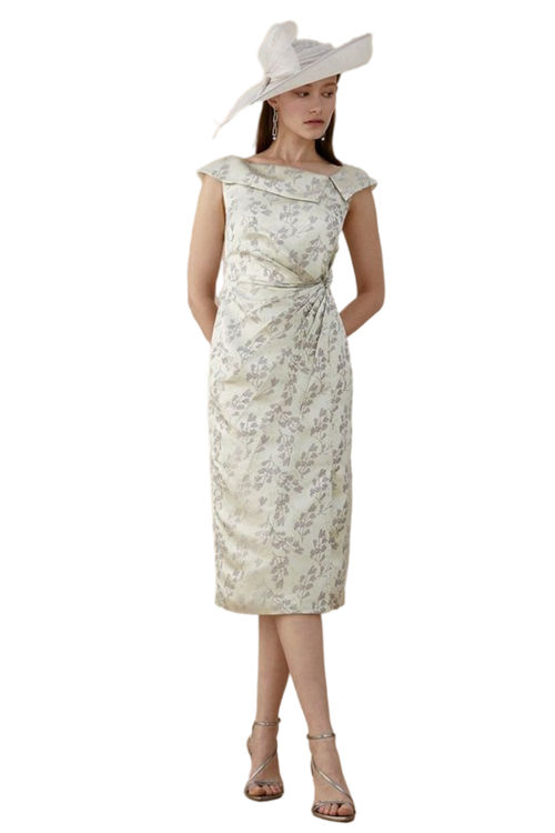 Jacques Vert Sage Lisa Tan Premium Pleat Detail Bardot Jacquard Pencil Dress BCC04636
