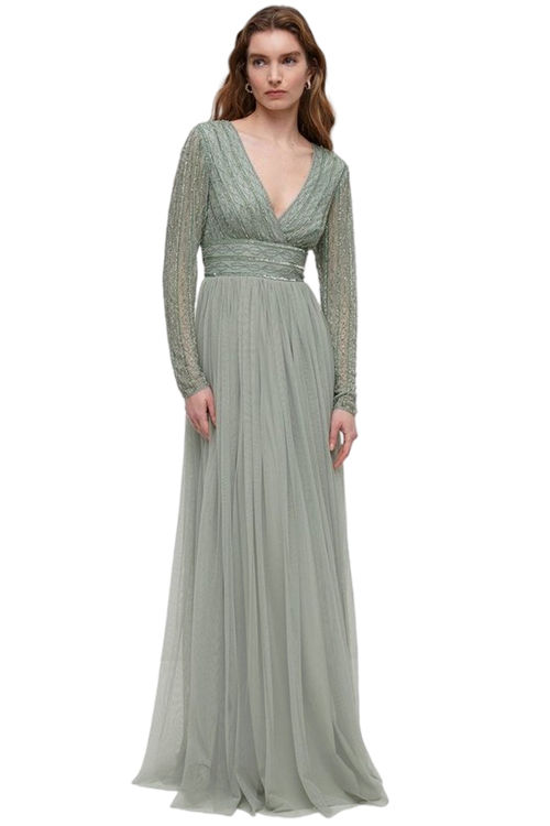 Jacques Vert Sage Mixed Bead Long Sleeve Two In One Bridesmaids Dress BCC04400