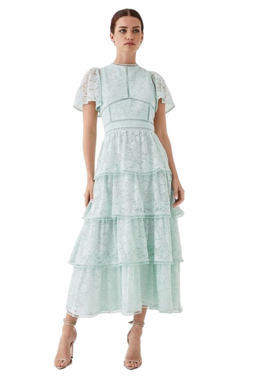 Jacques Vert Sage Petite Tiered Lace Dress With Flutter Sleeve & Trims BCC05198