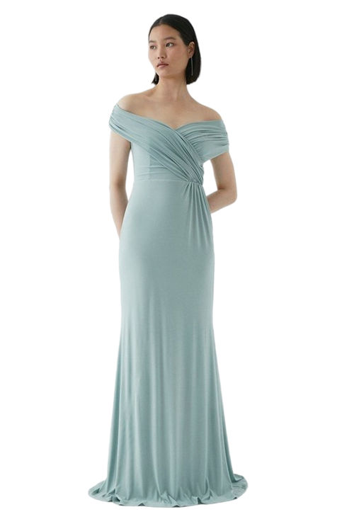 Jacques Vert Sage Ruched Bardot Fishtail Slinky Jersey Bridesmaids Maxi Dress BCC04467