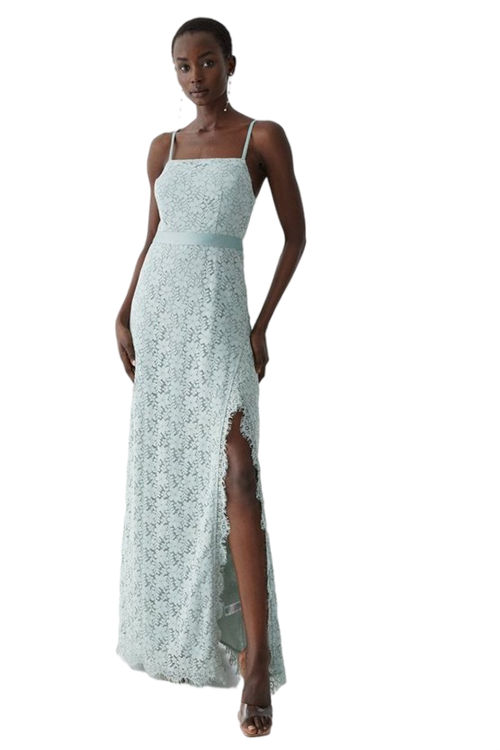 Jacques Vert Sage Square Neck Stretch Lace Bridesmaids Maxi Dress BCC05417