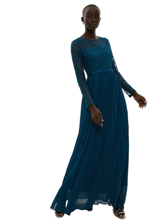 Jacques Vert Teal Embroidered Long Sleeve Maxi Dress ACC99223