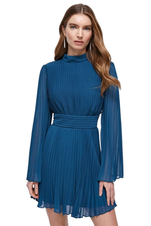 Jacques Vert Teal Pleated Flare Sleeve Tie Neck Mini Dress BCC04576