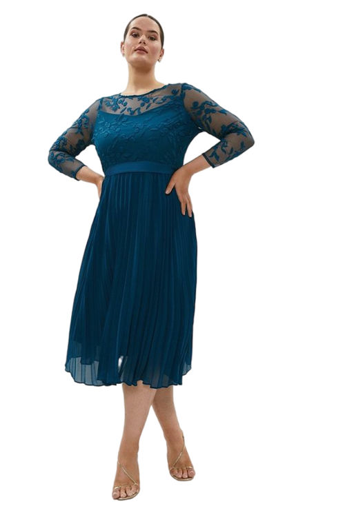 Jacques Vert Teal Plus Size Embroidered Long Sleeve Midi Dress ACC96039
