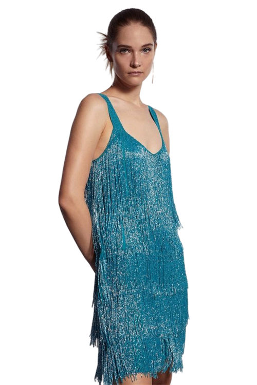 Jacques Vert Turquoise Premium Embellished Fringe Mini Dress ACC02793