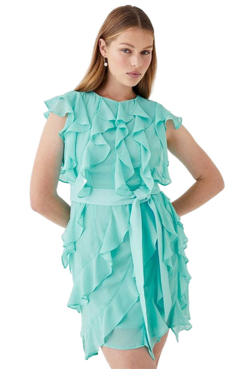 Jacques Vert Turquoise Ruffle Chiffon Belted Mini Dress BCC05043