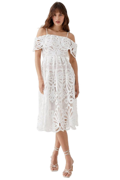 Jacques Vert White Bardot Lace Midi Dress BCC05521