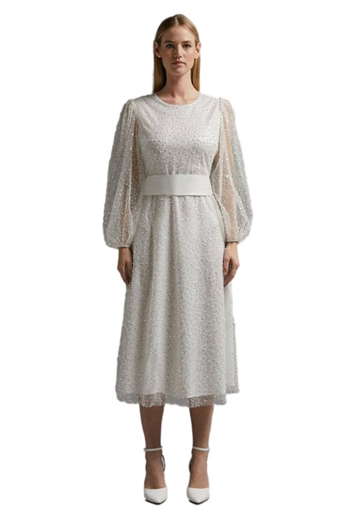 Jacques Vert White Embellished Mesh Long Sleeve Tie Waist Midi Dress ACC02060